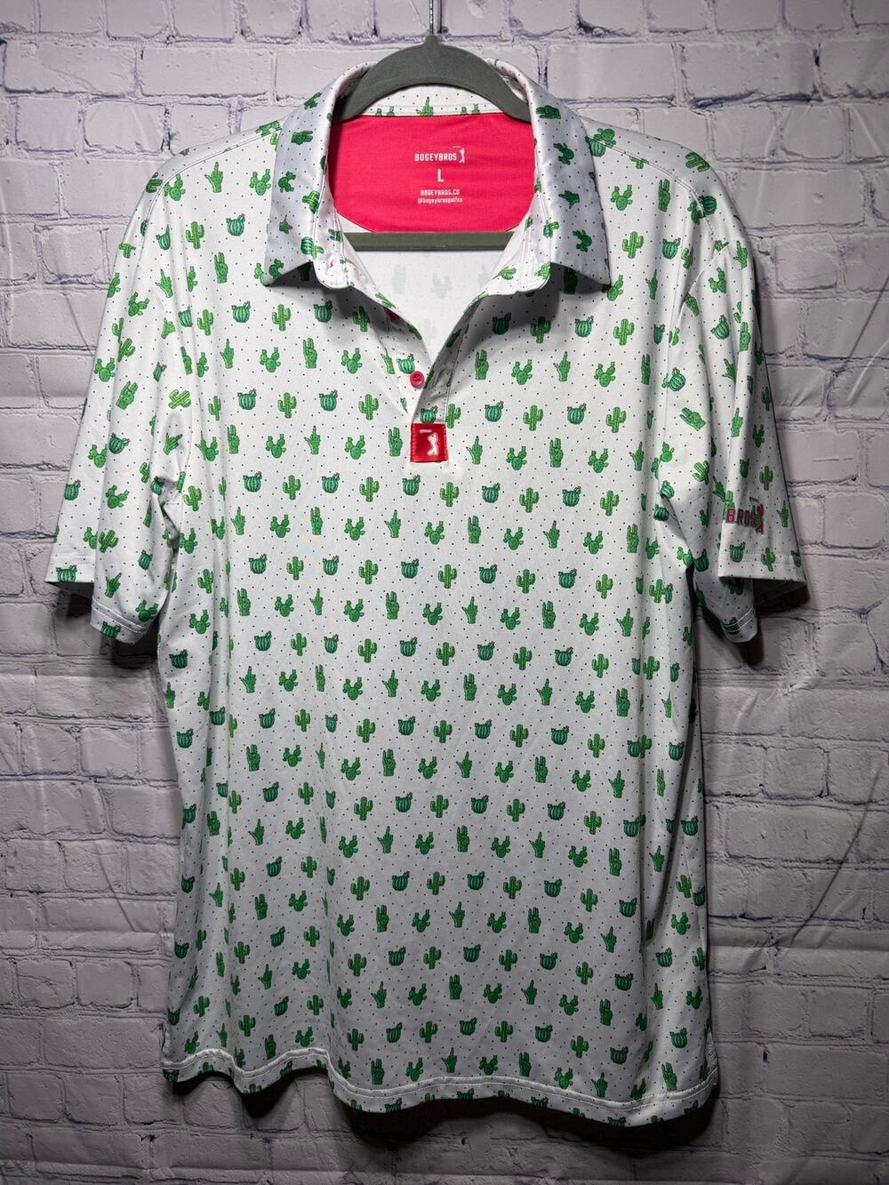 Bogey Bros Prick-Ly Pear Golf Polo White Green Sz L Golf Prep Casual
